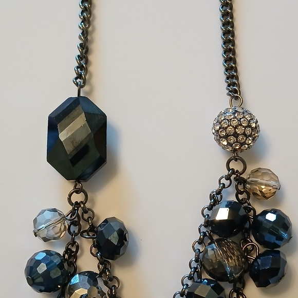 Vera Wang Dark Blue Silver Tone Multi Strand Rhinestone Beaded Ball Bib Necklace - Picture 4 of 11